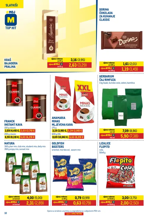 Metro katalog — stranica 10: GOLDFISH BIGSTERS, Anamaria MINAS MLJEVENA KAVA, Franck CLASSIC INSTANT KAVA, Kraš Bajadera praline (vrijedi 01. 10. 2026.–15. 10. 2026.)