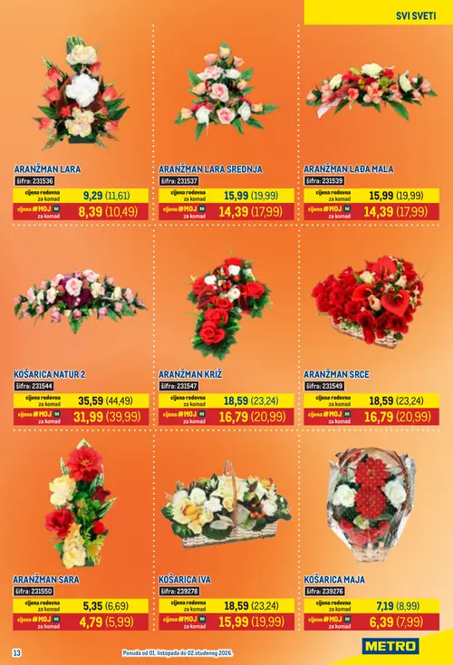 Metro katalog — stranica 13: ARANŽMAN LARA, ARANŽMAN LARA SREDNJA, ARANŽMAN LADA MALA, KOŠARICA NATUR 2 (vrijedi 01. 10. 2026.–15. 10. 2026.)