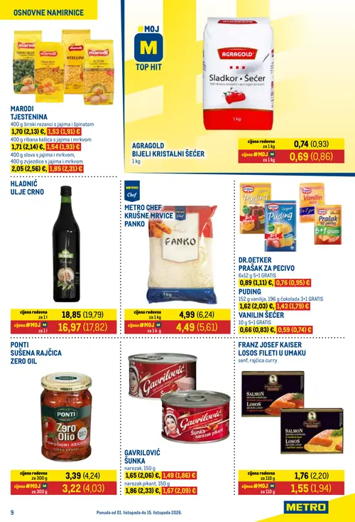 Metro katalog — stranica 9: DR.OETKER VANILIN ŠEĆER, MARODI TJESTENINA 400 g ribana kašica s jajima i mrkvom, FRANZ JOSEF KAISER LOSOS FILETI U UMAKU, PONTI SUŠENA RAJČICA ZERO OIL (vrijedi 01. 10. 2026.–15. 10. 2026.)