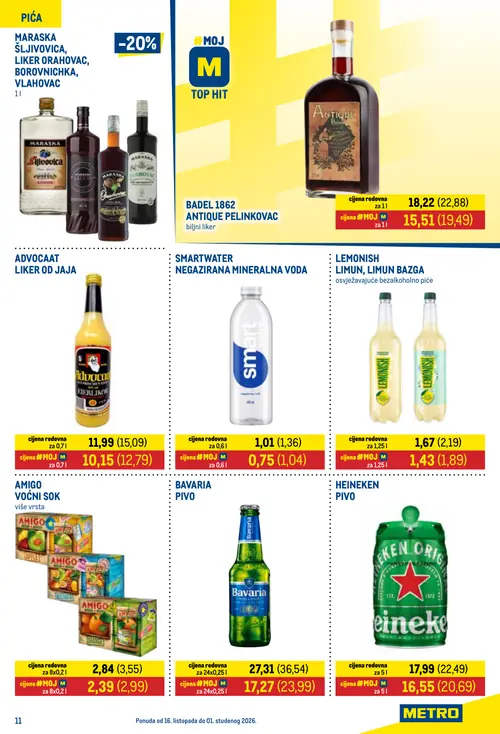Metro katalog — stranica 11: BAVARIA PIVO, SMARTWATER NEGAZIRANA MINERALNA VODA, AMIGO VOĆNI SOK više vrsta, ADVOCAT LIKER OD JAJA (vrijedi 16.10.–01.11.2026.)
