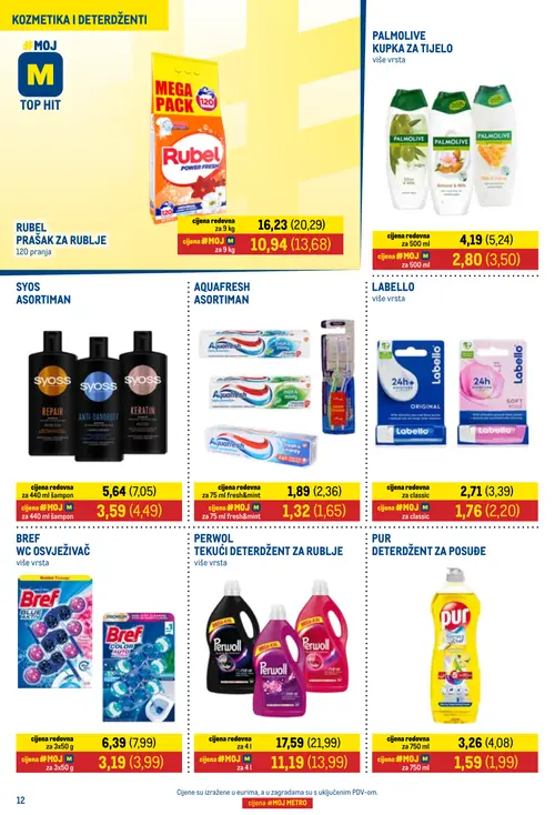Metro katalog — stranica 12: Bref WC osvježivač, Pur Deterdžent za posuđe, Syoss Asortiman šampon, Labello (vrijedi 16.10.–01.11.2026.)
