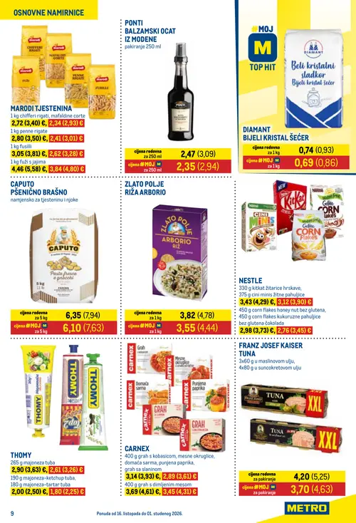 Metro katalog — stranica 9: FRANZ JOSEF KAISER TUNA, MARODI TJESTENINA 1 kg fusilli, CAPUTO PŠENIČNO BRAŠNO namjensko za tjesteninu i njoke, PONTI BALZAMSKI OCAT IZ MODENE (vrijedi 16.10.–01.11.2026.)