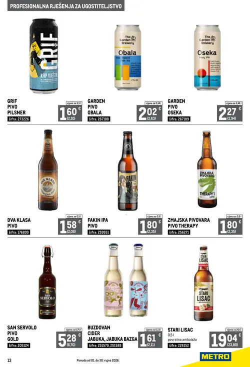 Metro katalog — stranica 13: DVA KLASA PIVO, GRIF PIVO PILSNER, BUZDOVAN CIDER JABUKA, JABUKA BAZGA, ZMAJSKA PIVOVARA PIVO THERAPY (vrijedi 01. 09. 2026.–30. 09. 2026.)