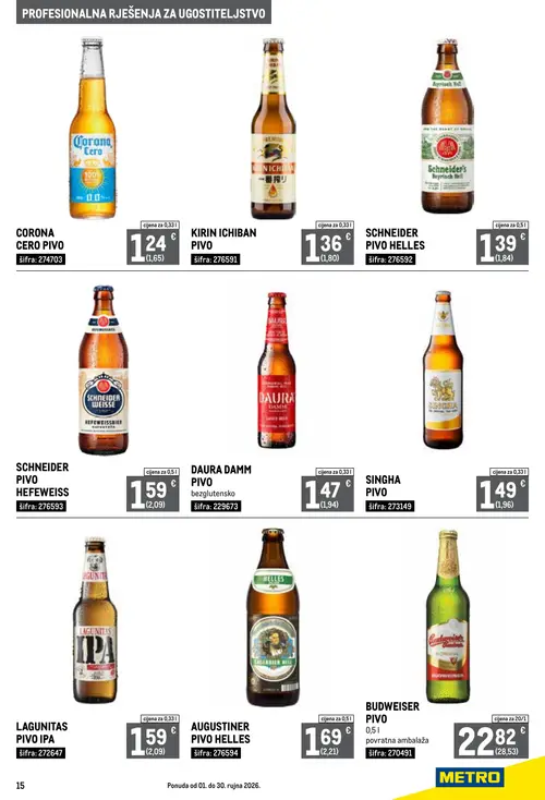 Metro katalog — stranica 15: CORONA CERO PIVO, SCHNEIDER PIVO HELLES, KIRIN ICHIBAN PIVO, DAURA DAMM PIVO (vrijedi 01. 09. 2026.–30. 09. 2026.)