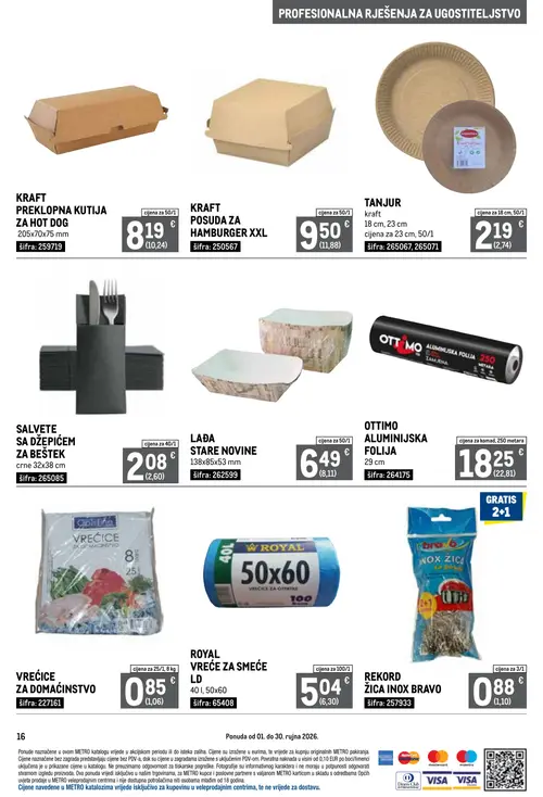 Metro katalog — stranica 16: TANJUR kraft, KRAFT PREKLOPNA KUTIJA ZA HOT DOG, KRAFT POSUDA ZA HAMBURGER XXL, SALVETE SA DŽEPIĆEM ZA BEŠTEK crne (vrijedi 01. 09. 2026.–30. 09. 2026.)