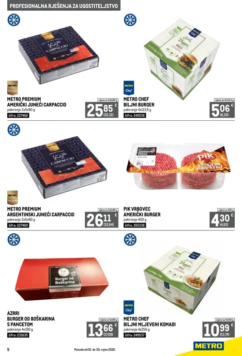 Metro katalog — stranica 5: METRO PREMIUM AMERIČKI JUNEĆI CARPACCIO, METRO CHEF BILJNI BURGER, METRO PREMIUM ARGENTINSKI JUNEĆI CARPACCIO, PIK VRBOVEC AMERIČKI BURGER (vrijedi 01. 09. 2026.–30. 09. 2026.)