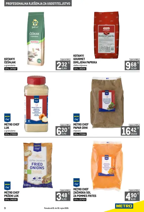 Metro katalog — stranica 9: METRO CHEF ZAČINSKA SOL ZA POMMES FRITES, KOTANYI ČEŠNJAK u granulama, KOTANYI GOURMET DIMLJENA PAPRIKA slatka mljevena, METRO CHEF LUK u granulama (vrijedi 01. 09. 2026.–30. 09. 2026.)