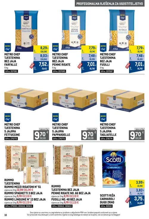 Metro katalog — stranica 10: RUMMO MEZZI RIGATONI N° 51, RUMMO SPAGHETTI 3 BEZ JAJA, RUMMO LINGUINE N° 13 BEZ JAJA, RUMMO TJESTENINA BEZ JAJA PENNE RIGATE NO. 66 BEZ JAJA (vrijedi 01. 10. 2026.–31. 10. 2026.)