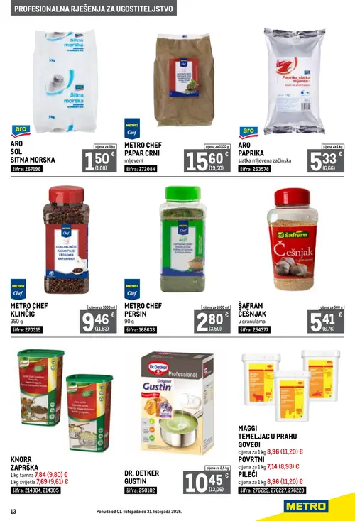 Metro katalog — stranica 13: ARO SOL SITNAarska, METRO CHEF PAPAR CRNI mljeveni, ARO PAPRIKA slatka mljevena začinska, METRO CHEF KLINČIĆ (vrijedi 01. 10. 2026.–31. 10. 2026.)