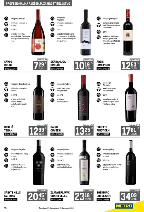 Metro katalog — stranica 15: SAVOJH ROUGE, SKARAMUČA DINGAČ, GALIĆ CUVEE 6, DEKLIĆ TERAN (vrijedi 01. 10. 2026.–31. 10. 2026.)
