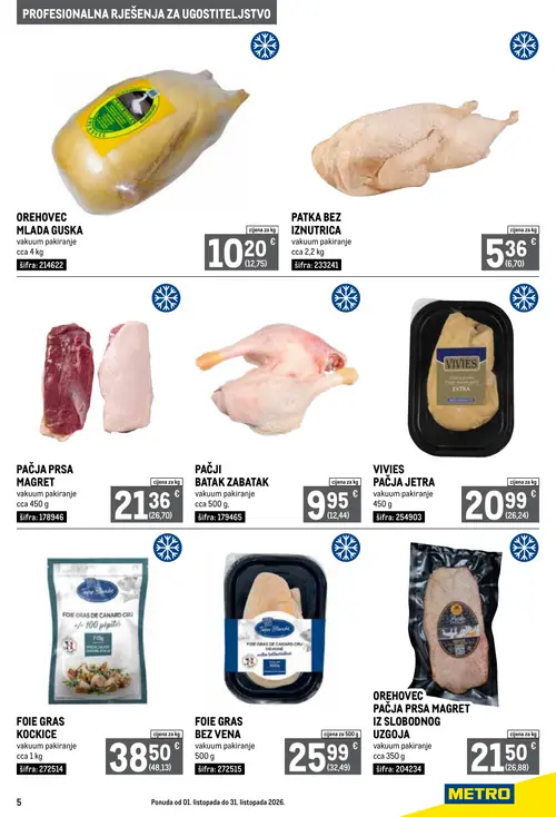 Metro katalog — stranica 5: OREHOVEC MLADA GUSKA, PATKA BEZ IZNUSTRICA, PAČJA PRSA MAGRET, PAČJI BATAK ZABATAK (vrijedi 01. 10. 2026.–31. 10. 2026.)