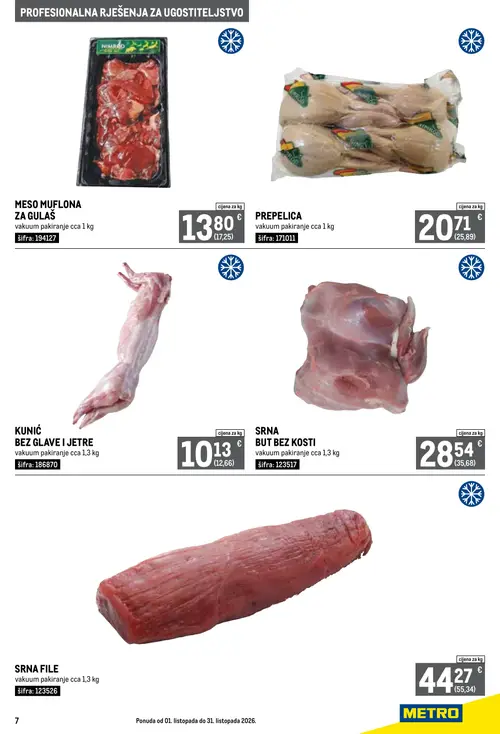Metro katalog — stranica 7: NIMROD MESO MUFLONA ZA GULAŠ, NIMROD PREPELICA, KUNIĆ BEZ GLAVE I JETRE, SRNA BUT BEZ KOSTI (vrijedi 01. 10. 2026.–31. 10. 2026.)
