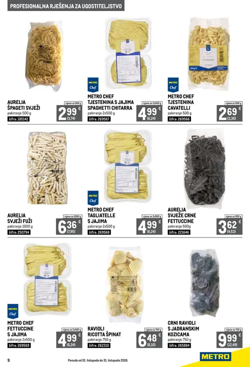 Metro katalog — stranica 9: AURELIA SVJEŽE CRNE FETTUCCINE, AURELIA ŠPAGETI SVJEŽI, METRO CHEF TJESTENINA S JAJIMA SPAGHETTI CHITARRA, AURELIA SVJEŽI FUŽI (vrijedi 01. 10. 2026.–31. 10. 2026.)