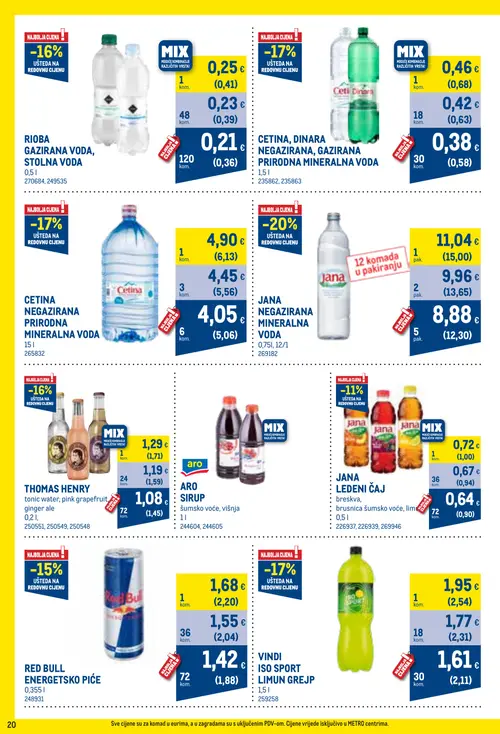 Metro katalog — stranica 20: RIOBA GAZIRANA VODA, STOLNA VODA, RIOBA GAZIRANA VODA, STOLNA VODA, RIOBA GAZIRANA VODA, STOLNA VODA, CETINA, DINARA NEGAZIRANA, GAZIRANA PRIRODNA MINERALNA VODA (vrijedi 01. 09. 2026.–30. 09. 2026.)
