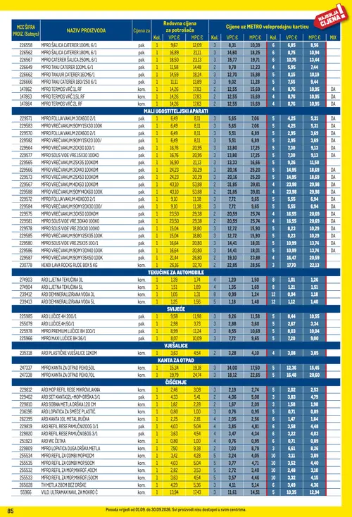 Metro katalog — stranica 85: MPRO VREĆ.VAKUM.30X50 100KOM, MPRO SOUS VIDE VRE.15X30 100KO, MPRO FOLIJA VAKUM.20X600 2/1, MPRO MMPRO ŠALICA CATERER 180ML 6/1 (vrijedi 01. 09. 2026.–30. 09. 2026.)