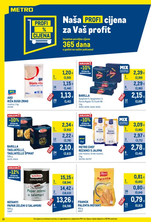 Metro katalog — stranica 10: BARILLA TAGLIATELLE, TAGLIATELLE ŠPINAT, BARILLA Spaghetti 5, Spaghettini 3, Penne Rigate 73, Fusilli 98, ARO RIŽA DUGONRNO, METRO CHEF REZANCI S JAJIMA (vrijedi 01. 10. 2026.–31. 10. 2026.)