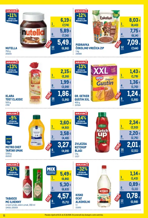 Metro katalog — stranica 11: KISKO OCAT ALKOHOLNI, KISKO OCAT ALKOHOLNI, TABASCO MC ILHENNY crveni umak, zeleni umak, 150 ml, ZVIJEZDA KETCHUP BLAGI (vrijedi 01. 10. 2026.–31. 10. 2026.)
