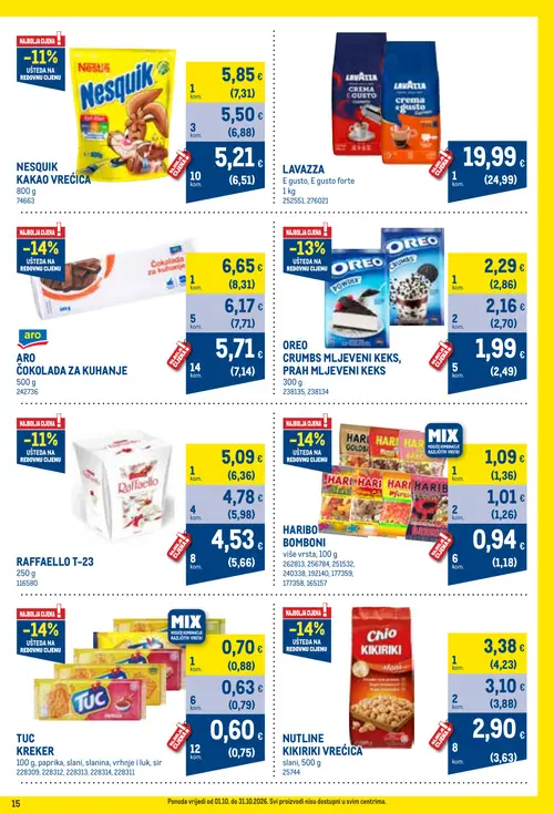 Metro katalog — stranica 15: Tuc Kreker, Haribo Bomboni, Oreo Crumbs mljeveni keks, prah mljeveni keks, Nutline Kikiriki vrečica (vrijedi 01. 10. 2026.–31. 10. 2026.)