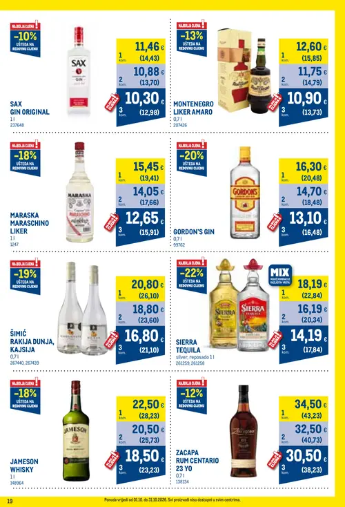 Metro katalog — stranica 19: MONTENEGRO LIKER AMARO, SAX GIN ORIGINAL, SIERRA TEQUILA, GORDON'S GIN (vrijedi 01. 10. 2026.–31. 10. 2026.)