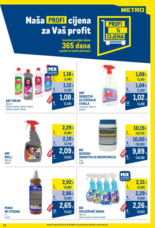 Metro katalog — stranica 23: ARF SREDSTVO ZA ČIŠĆENJE STAKLA, BIS OSVJEŽIVAČ ZRAKA, PERIN WC STRONG, BIS OSVJEŽIVAČ ZRAKA (vrijedi 01. 10. 2026.–31. 10. 2026.)