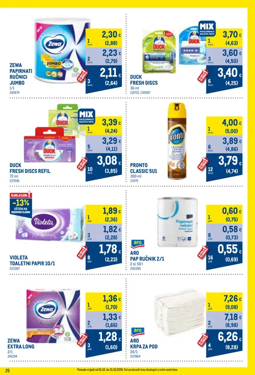 Metro katalog — stranica 25: ARO KRPA ZA POD, ARO PAP RUČNIK 2/1, ARO PAP RUČNIK 2/1, VIOLETA TOALETNI PAPIR 10/1 (vrijedi 01. 10. 2026.–31. 10. 2026.)