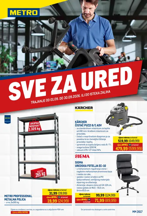 Metro katalog — stranica 1: KÄRCHER ČISTAČ PUZZI 8/1 ADV, SIGMA UREDSKA FOTELJA EC-10, METRO PROFESSIONAL METALNA POLICA (vrijedi 01. 09. 2026.–30. 09. 2026.)