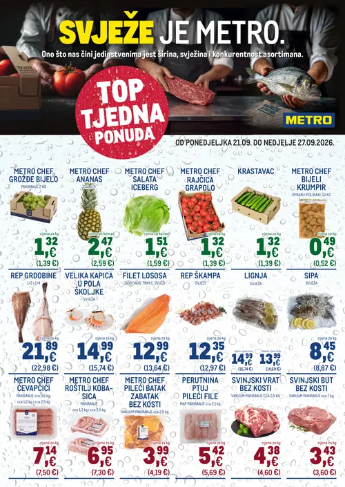 Metro katalog — stranica 1: METRO CHEF Bijeli krumpir, METRO CHEF Grožđe bijelo, METRO CHEF Rajčica Grapolo, METRO CHEF Salata Iceberg (vrijedi 21.09.–27.09.2026.)