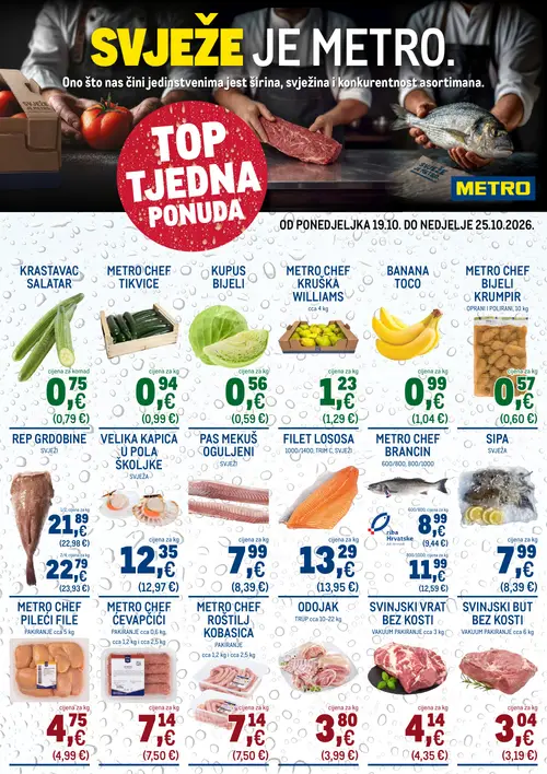 Metro katalog — stranica 1: KRASTAVAC SALATAR, KUPUS BIJELI, METRO CHEF TIKVICE, METRO CHEF BIJELI KRUMPIR (vrijedi 19.10.–25.10.2026.)