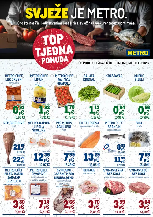 Metro katalog — stranica 1: KRASTAVAC, KUPUS BIJELI, METRO CHEF RAJČICA GRAPOLO, SALATA KRISTAL (vrijedi 26.10.–01.11.2026.)
