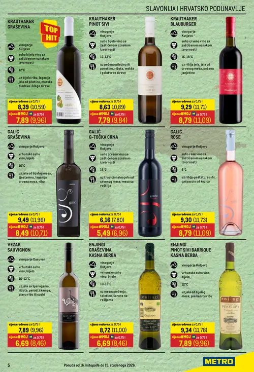 Metro katalog — stranica 5: GALIĆ G-TOČKA CRNA, VEZAK SAUVIGNON, ENJINGI GRAŠEVINA KASNA BERBA, KRAUTHAKER GRAŠEVINA (vrijedi 16.10.–15.11.2026.)
