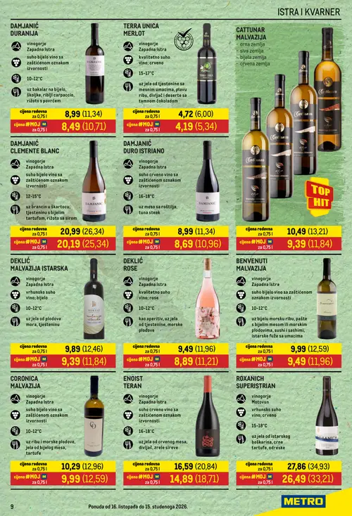 Metro katalog — stranica 9: TERRA UNICA MERLOT, TERRA UNICA MERLOT, BENVENUTI MALVAZIJA, CATTUNAR MALVAZIJA (vrijedi 16.10.–15.11.2026.)