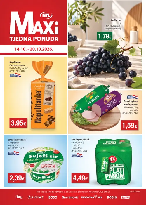 NTL katalog — stranica 1: Grožđe crno, Vindon Kras Kobasica pileća, pureća, Pan Pivo Lager 4,8% alk., Kraš Napolitanke Chocolate cream (vrijedi 14.10.–20.10.2026.)