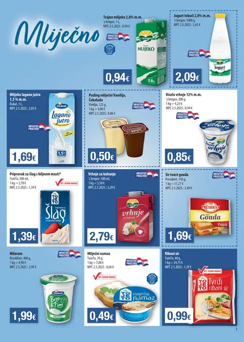 NTL katalog — stranica 3: ToJeTo Pripravak za šlag s biljnom masti*, ToJeTo Ribani sir, Dukat Mlijeko lagano jutro 1,5 % m.m., z bregov Kiselo vrhnje 12% m.m. (vrijedi 14.10.–20.10.2026.)