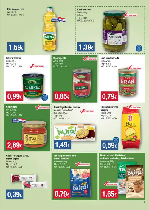 NTL katalog — stranica 7: Hura natura Muesli hrskavi s kikirikijem i orašastim plodovima, Sa čokoladom*, Zorela Grah smeđi borlotti, ToJeTo Instant kukuruzna krupica, Zorela Kukuruz šećerac (vrijedi 14.10.–20.10.2026.)