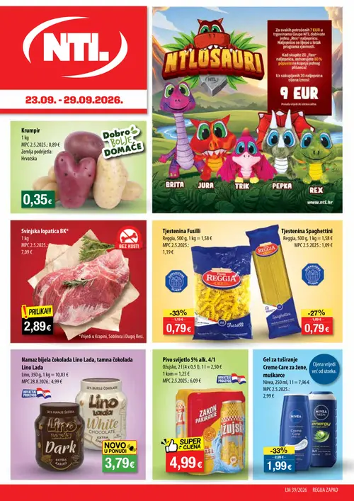 NTL katalog — stranica 1: Reggia Tjestenina Fusilli, NIVEA Gel za tuširanje Creme Care za žene, muškarce, Reggia Tjestenina Spaghetti, Svinjska lopatica BK* (vrijedi 23. 09. 2026.–29. 09. 2026.)