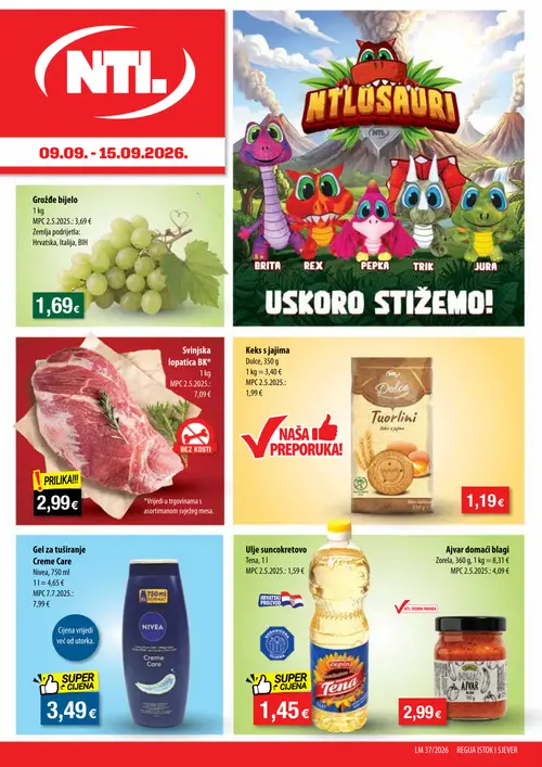 NTL katalog — stranica 1: Svinjska lopatica BK*, Nivea Gel za tuširanje Creme Care, Zorela Ajvar domaći blagi, Tena Ulje suncokretovo (vrijedi 09. 09. 2026.–15. 09. 2026.)