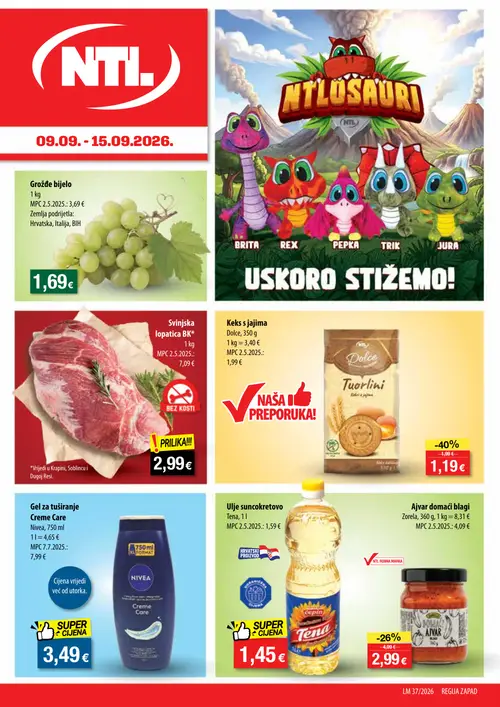 NTL katalog — stranica 1: Dolce Keks s jajima Dolce Tuorlini, Zorela Ajvar domaći blagi, Grožđe bijelo, Svinjska lopatica BK* (vrijedi 09. 09. 2026.–15. 09. 2026.)