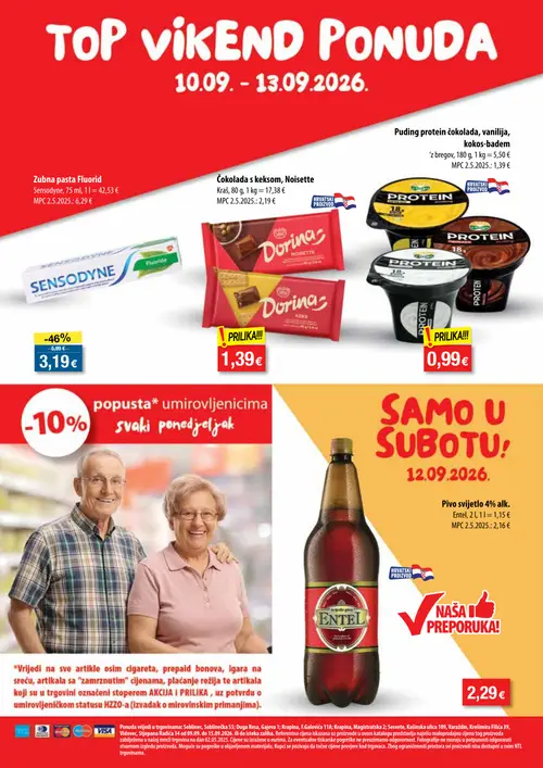 NTL katalog — stranica 13: Sensodyne Zubna pasta Fluorid, Dorina Čokolada s keksom, Noisette, Puding protein čokolada, vanilija, kokos-badem, Entel Pivo svijetlo 4% alk. (vrijedi 09. 09. 2026.–15. 09. 2026.)