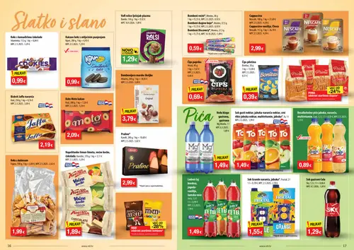 NTL katalog — stranica 9: Sky Sok gazirani Cola, Juicy Ledeni čaj breskva, jagoda-vanilija, šumsko voće, M&M odabrani asortiman bombona*, Keks s komadićima čokolade (vrijedi 07.10.–13.10.2026.)