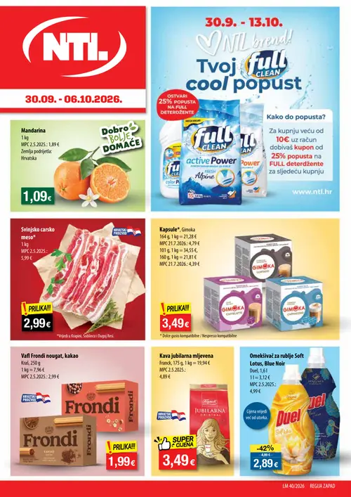 NTL katalog — stranica 1: Mandarina, Duel Omekšivač za rublje Soft Lotus, Blue Noir, Gimoka Kapsule*, Gimoka, Franck Kava jubilarna mljevena (vrijedi 30.09.–06.10.2026.)