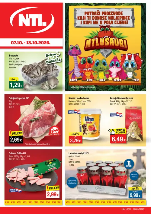 NTL katalog — stranica 1: Svinjska lopatica BK*, Franck Kava jubilarna mljevena, Cekin Salama Poliko XXL, Lampion srednji 11/1 (vrijedi 07.10.–13.10.2026.)