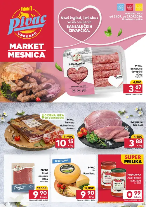Pivac katalog — stranica 1: PODRAVKA Ajvar blagi/ljuti 350g, PIVAC Pršut narezak 500g, PIVAC Sir Parmiletta, PIVAC Panceta dalmatinska rinfuza (vrijedi 21. 09. 2026.–27. 09. 2026.)