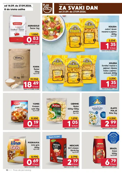 Pivac katalog — stranica 10: KOLEDA Jušni/široki rezanci s jajima 400g, KOLEDA Srdela/ krpice s jajima/ ribana kaša s jajima i mrkvom 400g, KOLEDA Jušni/široki rezanci s jajima 400g, YUMIS Kvasac suhi 10g (vrijedi 21. 09. 2026.–27. 09. 2026.)