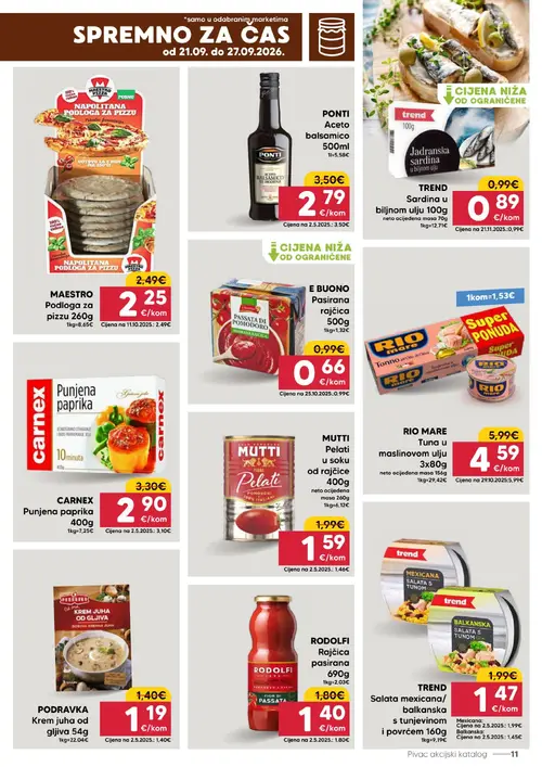 Pivac katalog — stranica 11: E BUONO Pasirana rajčica, TREND Salata mexicana/balkanska s tunjevinom i povrćem, RIO MARE Tuna u maslinovom ulju, RODOLFI Rajčica pasirana (vrijedi 21. 09. 2026.–27. 09. 2026.)