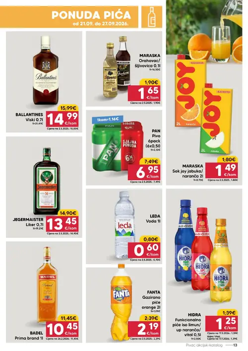 Pivac katalog — stranica 13: LEDA Voda 1l, MARASKA Sok joy jabuka/ naranča 2l, MARASKA Orahovac/ šljivovica 0,1l, HIDRA Funkcionalno piće iso limun/ up naranča/ vital 0,5l (vrijedi 21. 09. 2026.–27. 09. 2026.)
