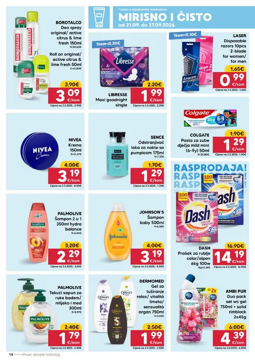 Pivac katalog — stranica 14: LASER Disposable razors 10pcs 2-blade for women/ for men, COLGATE Pasta za zube dječja mild mint (6-9y) 50ml, PALMOLIVE Šampon 2 u 1 350ml hydra balance, AMBI PUR Duo pack set wc gel 750ml + solid rimblock 2x45g (vrijedi 21. 09. 2026.–27. 09. 2026.)