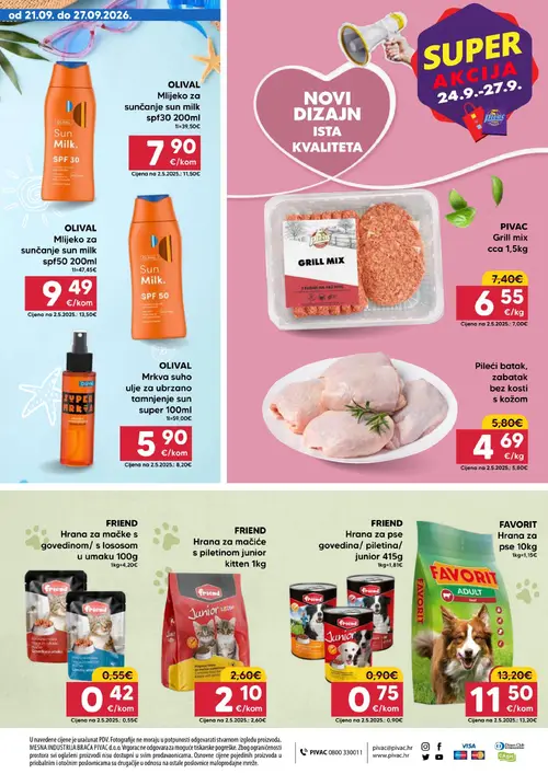Pivac katalog — stranica 16: OLIVAL Mlijeko za sunčanje sun milk spf30 200ml, OLIVAL Mlijeko za sunčanje sun milk spf50 200ml, OLIVAL Mrkva suho ulje za ubrzano tamnjenje sun super 100ml, FRIEND Hrana za mačke s govedinom/ s lososom u umaku 100g (vrijedi 21. 09. 2026.–27. 09. 2026.)