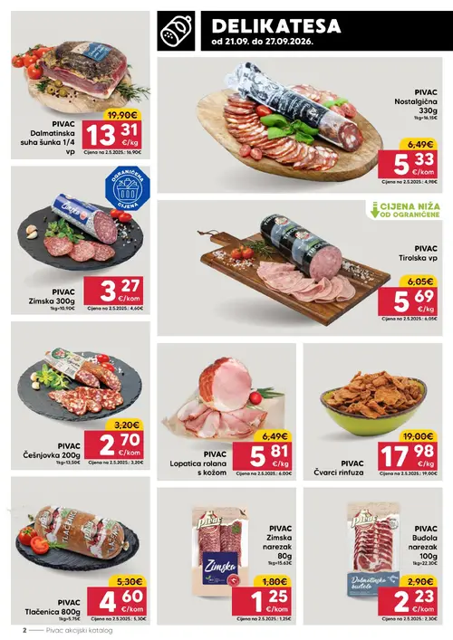 Pivac katalog — stranica 2: PIVAC Zimska 300g, PIVAC Dalmatinska suha šunka 1/4, PIVAC Češnovjovka 200g, PIVAC Tlačenica 800g (vrijedi 21. 09. 2026.–27. 09. 2026.)