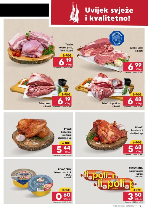 Pivac katalog — stranica 3: Teleći vrat s kosti, Teleća rebra, prsa, flam s kosti, PIVAC/PPK Mesni doručak 100g, Teleća lopatica s kosti (vrijedi 21. 09. 2026.–27. 09. 2026.)