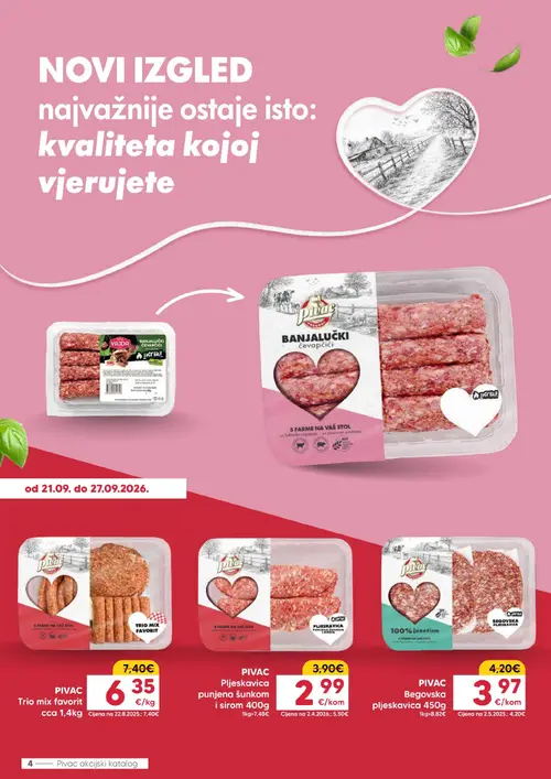 Pivac katalog — stranica 4: PIVAC Pivska pljeskavica punjena šunkom i sirom, PIVAC Trio mix favorit, PIVAC Begovska pljeskavica (vrijedi 21. 09. 2026.–27. 09. 2026.)